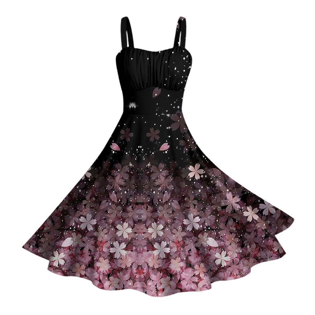 Damen Vintage Ärmellos Plissiert Patchwork Niedlich A-Linien Saum Blumendruck Kleider