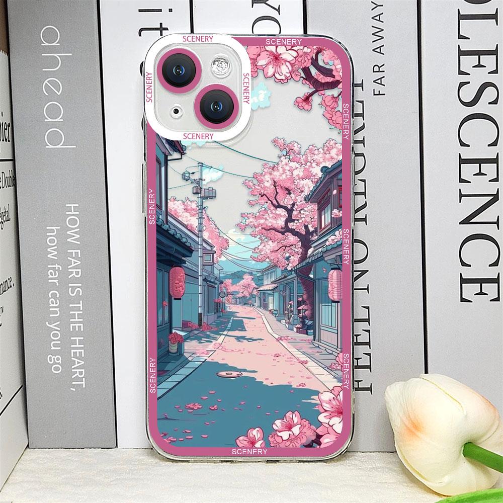 Japanese Landscape Cherry Blossoms Phone Case for IPhone 11 12 13 14 15 16 Pro Max Mini XS X 7 8 14Plus Clear Soft Scenery Cover