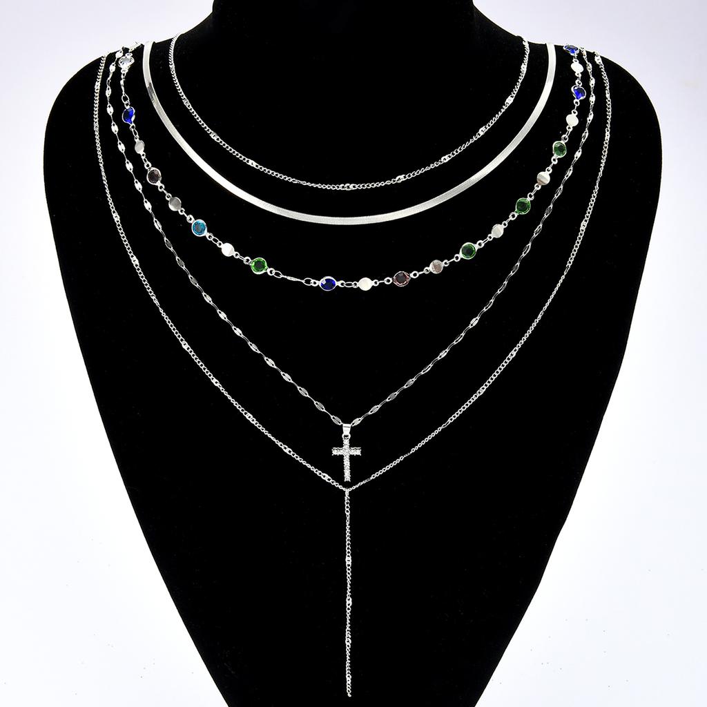 5pcs Fashion Cross Colorful Crystal Necklaces Set for Women Boho Vintage Simple Y-Shaped Pendant Necklace Christian Jewelry Gift