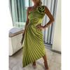 European and American Women Clothes New Solid Dress Fashion Sexy Sloping Shoulder Pleat Hollow Formal Dress
