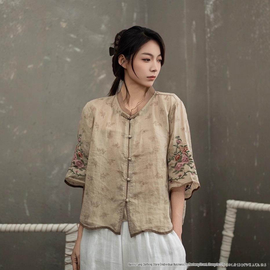 2025 Ethnic Style Ramie Shirt - Lightweight Embroidered Spring/Summer Chinese Design