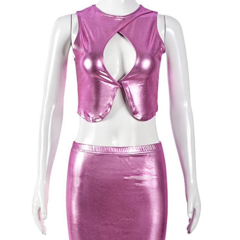 Sexy Womens Sleeveless Crop Top Shiny Mini Skirt Set Street Style 2025