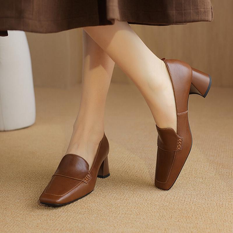 Fashion NEW Spring/Autumn Women Loafers Split Leather Shoes for Women Square Toe Chunky Heel Black Shoes Concise High Heel Women Pumps