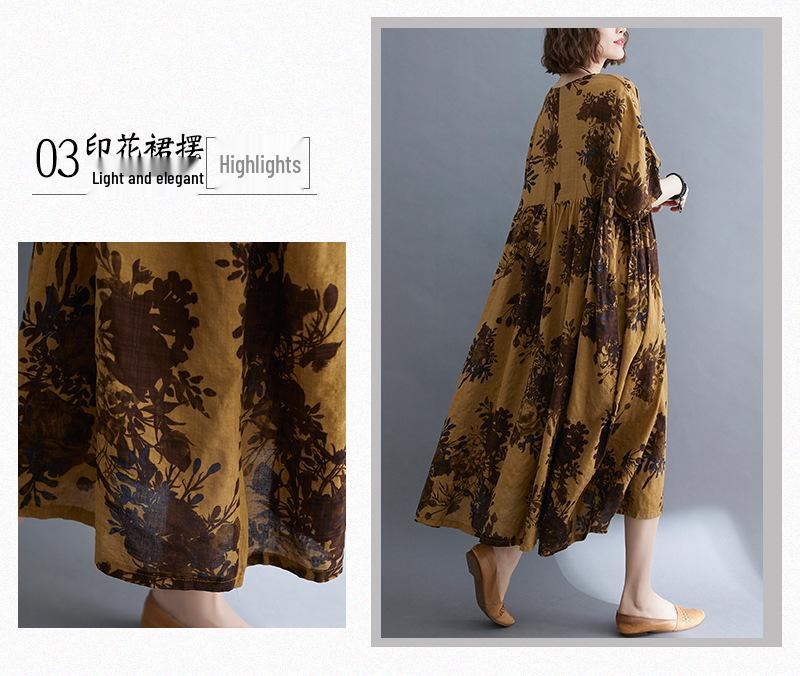 2021 Summer Retro Plus Size Round Neck Print Dress with Short Sleeves and Big Swing