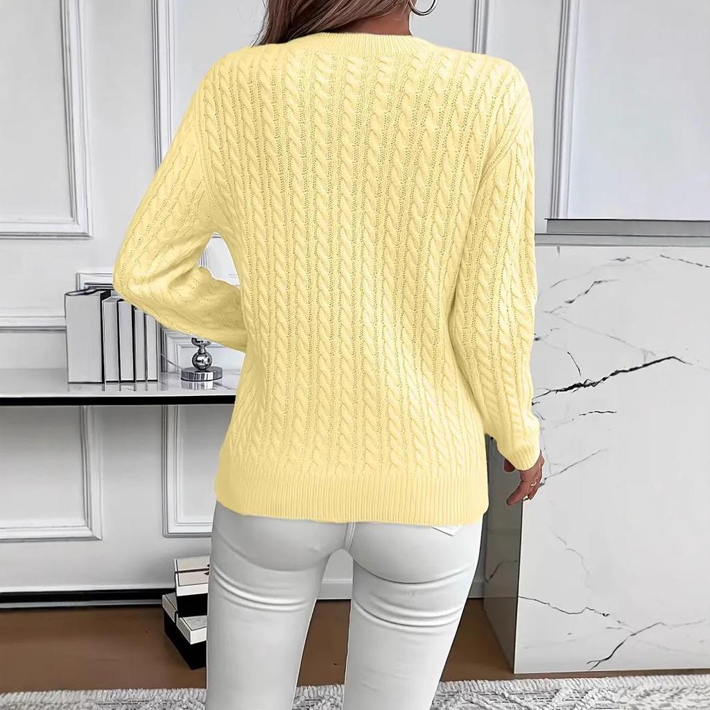 Women's Solid Color Cable Knit Crew Neck Sweater for Autumn/Winter 2025