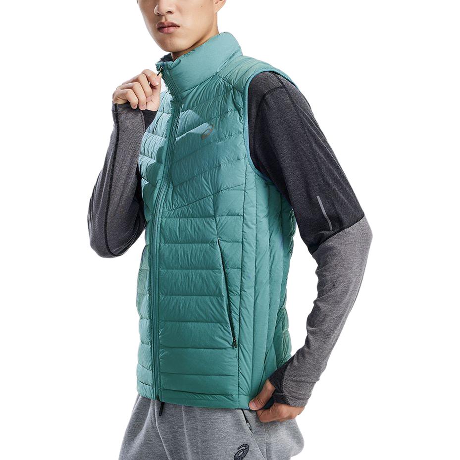 Asics Solid Color Outdoor Casual Sports Zip Stand Collar Warm Down Vest Men Vests Blue-Green 2031E441-400