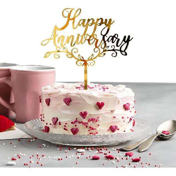 6pcs Happy Anniversary Cake Topper Gold Acrylic Cake Topper, Happy Anniversary Cake Sign, Wedding Cake Decorations Party Supplies