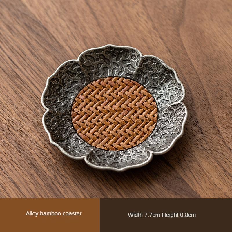5pcs Chinese Hammer Patterned Alloy Rattan Mat Water Cup Pad Retro Rattan Woven Lotus Cup Holder Heat Insulation Pad Tea Set Pad