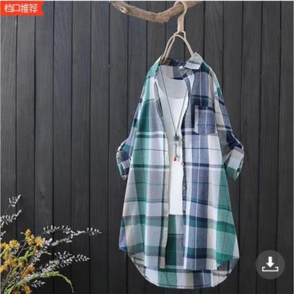 Women's Point Collar Long Sleeve Plaid Blouse Loose Fit Casual Cotton Tunic Shirt Outerwear