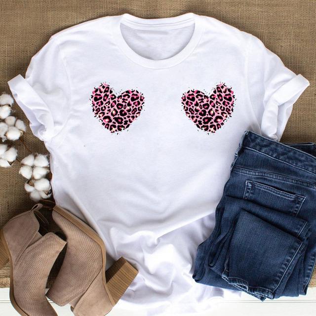 New Women Black T Shirt Feather Flower Love Heart Printed Tops Ladies Female Cute Graphic Tee Shirts Women O-Neck T-Shirts Tops