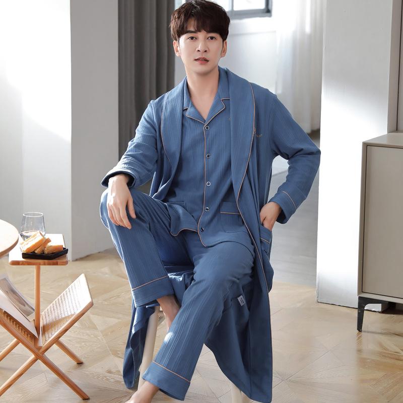 

Pajamas Men S Pajamas Spring And Autumn Cotton Long Sleeves Autumn Loungewear Cotton Bathrobes Long Three-Piece Set L