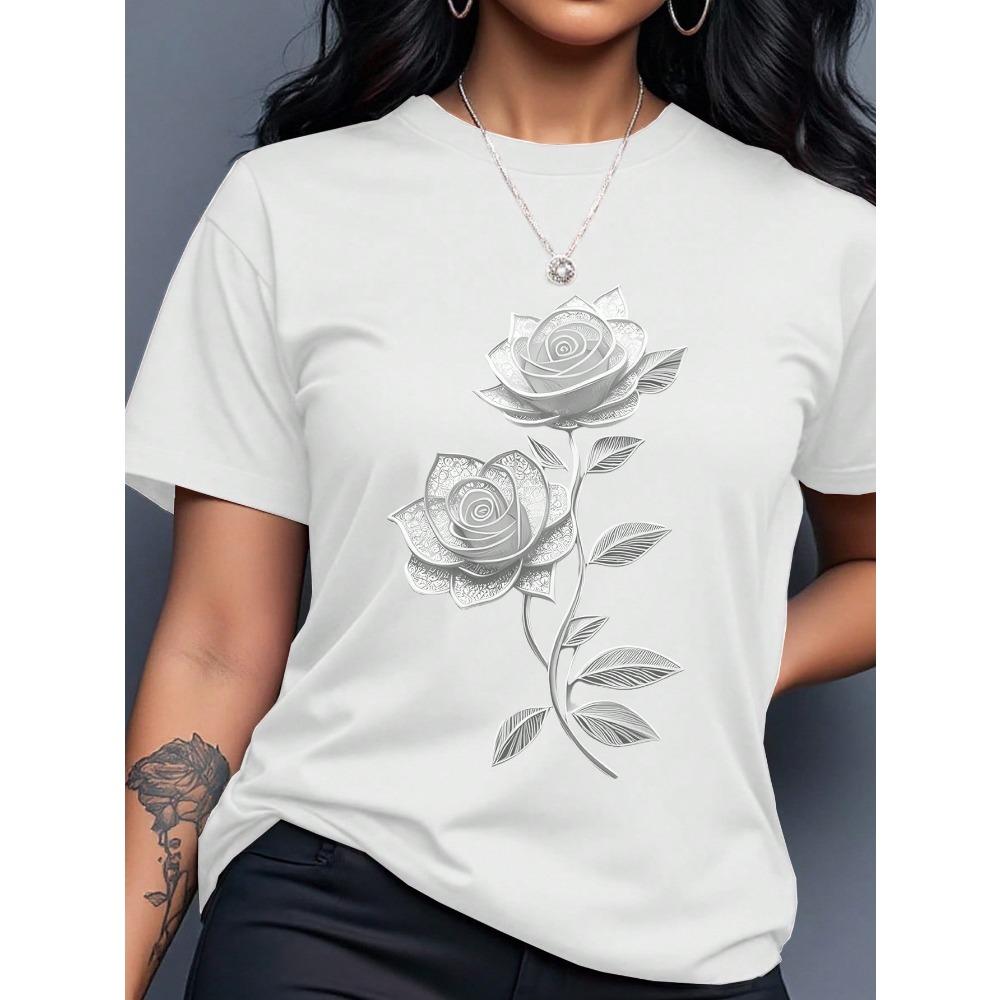 Women's Yellow T-Shirt with Gold Rose Print, Round Neck Short Sleeve Casual Top