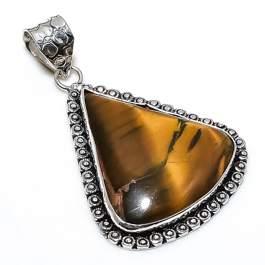 Tiger Eye Gemstone Handmade 925 Sterling Silver Jewelry Pendant 2.17" SU-10680