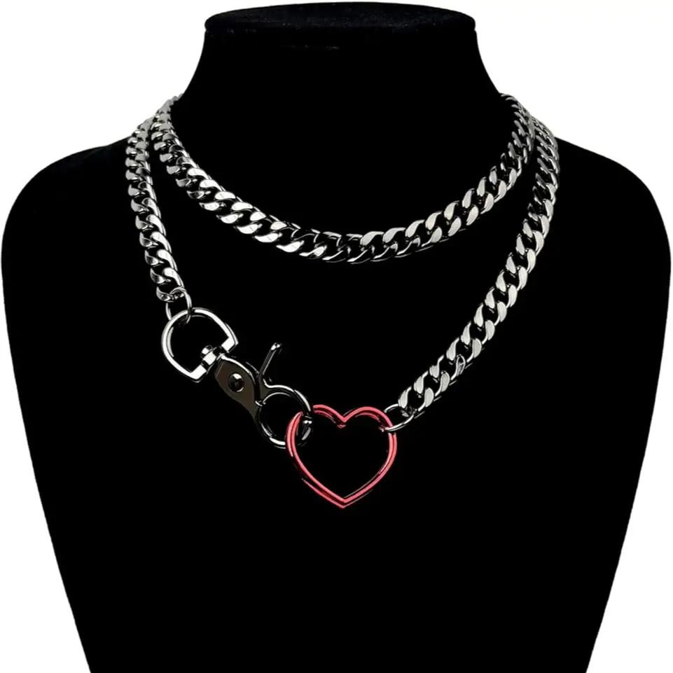 Women's Slip Chain Rainbow Heart O-Ring Chunky Chain Punk Necklace Cuban Jewelry Adjustable Lariat Y-Necklace Heart Loop Choker