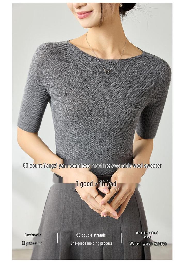 Yangtze Fine Spun Wool One-Shoulder Mid-Sleeve Women's Slimming T-Shirt, Spring Pure Color Elegant Base Layer Top