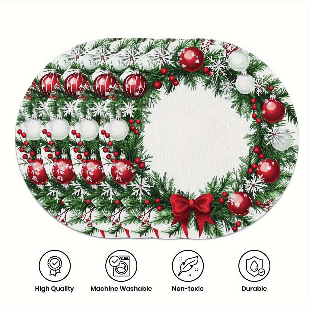 Christmas Themed Exquisite Printed Wavy Placemats, Red Berries, and Golden Pine Branch Patterns, Non-slip, Heat-resistant, Suitable for Holiday Table