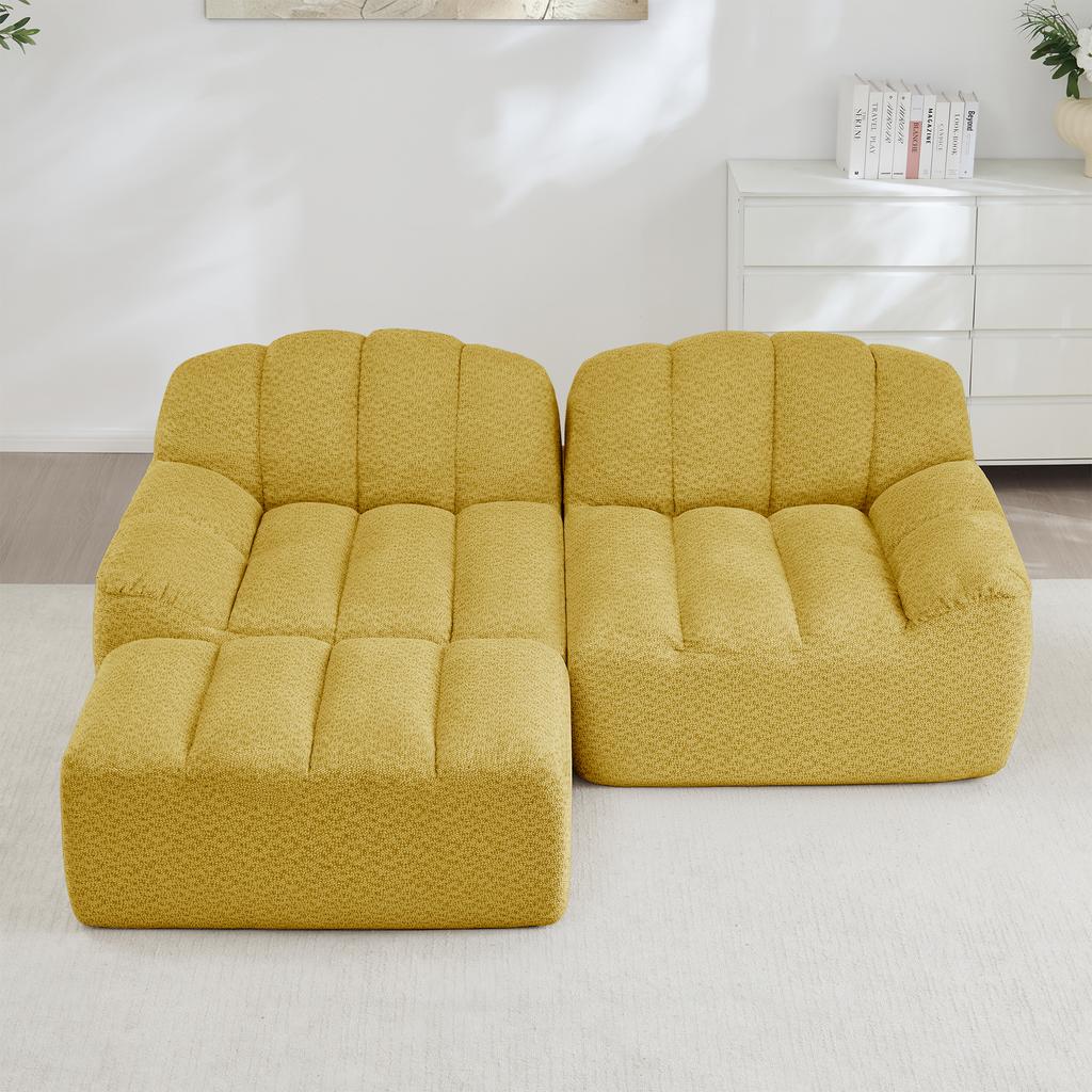2-Seater L-Shaped Modular Boneless Sofa, Shell Shape, Deep Seat Cushions with 1 Ottoman, Sofa for Living Room, No Assembly Required, Yellow