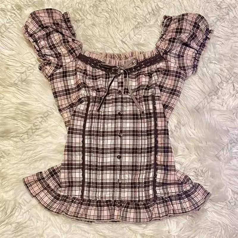 Y2K French V-neck Retro Summer Short Sleeve Women's Top