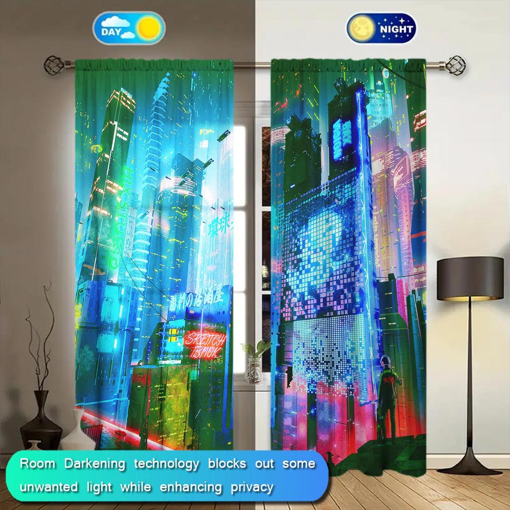 2-Panels Cyberpunk Style Technology City Curtains - Heat-insulating   Suitable for Decorating Curtains in Various Rooms
