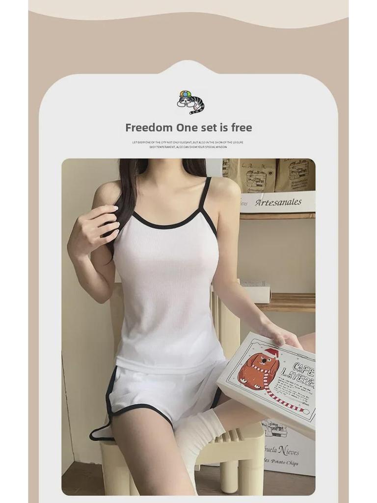 Women's Casual Summer Pajamas with Chest Pads - Suspender Shorts Set