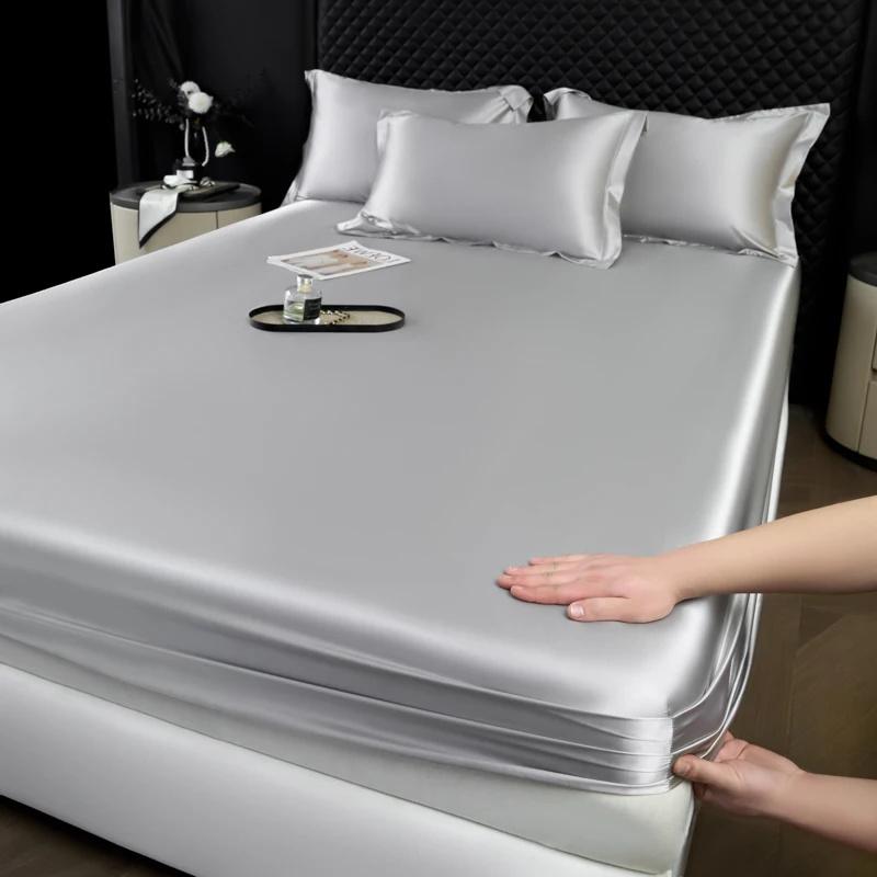 1Pc Satin Elastic Fitted Sheet Solid Mattress Cover for Single Double Couple King Queen Full Twin Bedsheet Satin Bed Linen