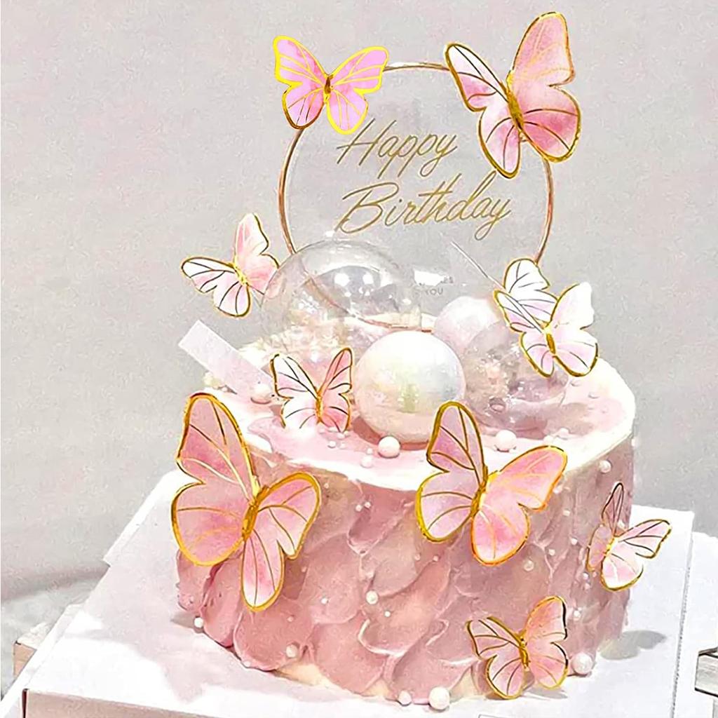 57Pcs Butterfly Happy Birthday Cake Toppers  Decorations Party Supplies with Metal Gold Happy Birthday Cake Topper for Wedding