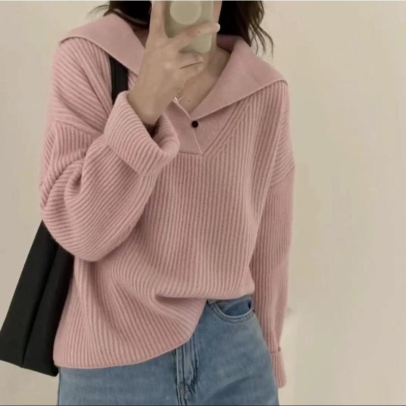 Женский осенне-зимний вязаный свитер с лацканами one size fits all розовый 2630₽