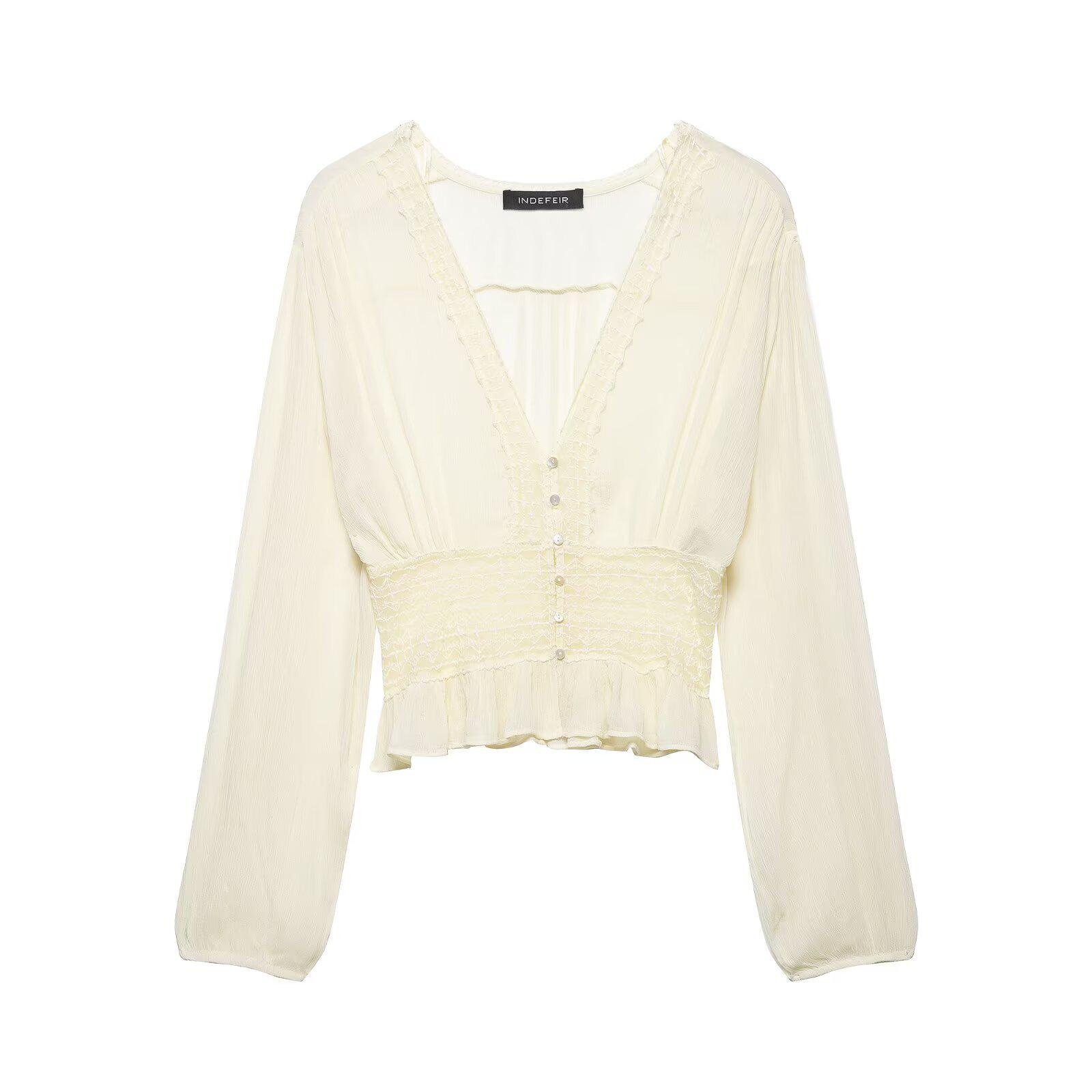 2026 European & American Style V-neck Lace Waist-cinching Long Sleeve Gauze Shirt L