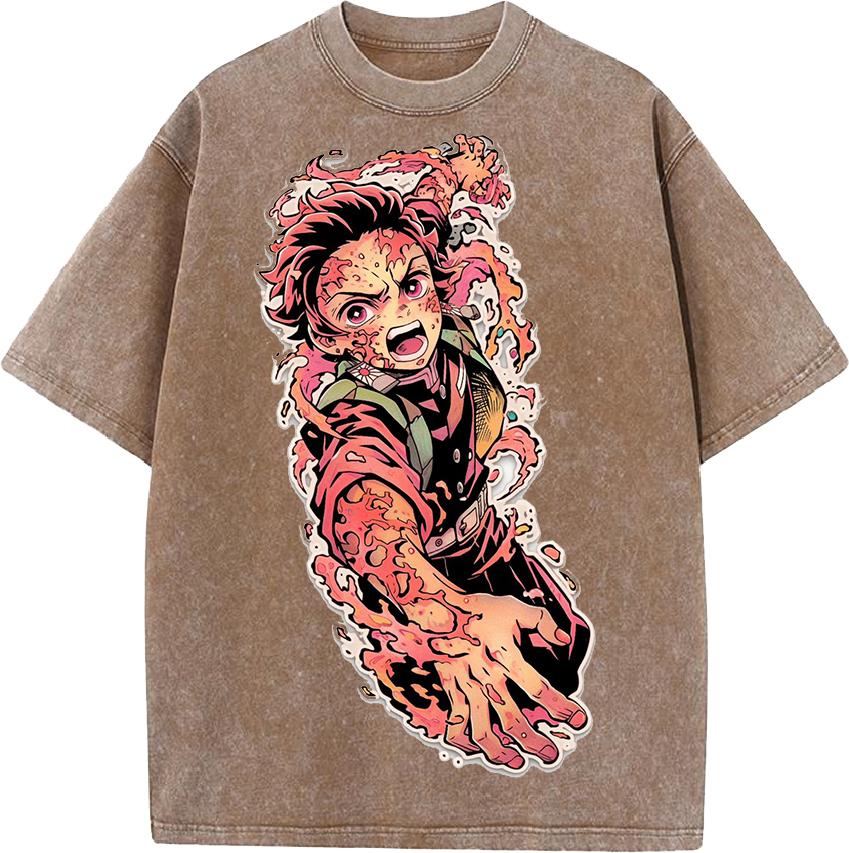Japan Anime Demon Slayer Kamado Tanjirou Printed Tshirt Men Casual Cotton T-shirts Vintage Washed Tee Harajuku Male T Shirt