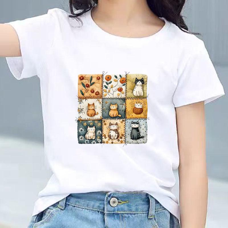 Kids Cotton T Shirt Patchwork Kitten Cat  Berry Print Crew Neck Short Sleeve Tee Casual Boys Girls Summer Tops 100