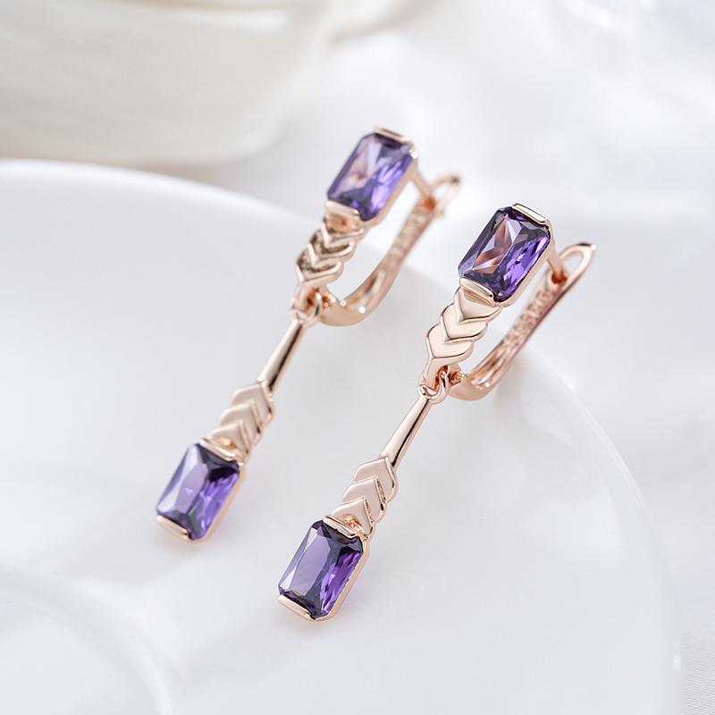 Rose Gold Color Long Drop Earrings For Women Fashion Square Purple Natural Zircon Accessories Daily Fine  Jewelry