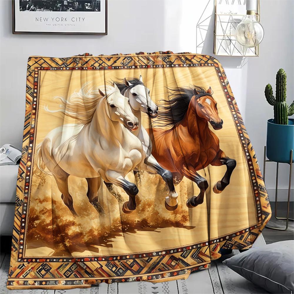 Horse Print Flannel Blanket, High Quality Comfortable for All Seasons, Home Decor, Warmth and Comfort, Perfect for Christmas Gifts
