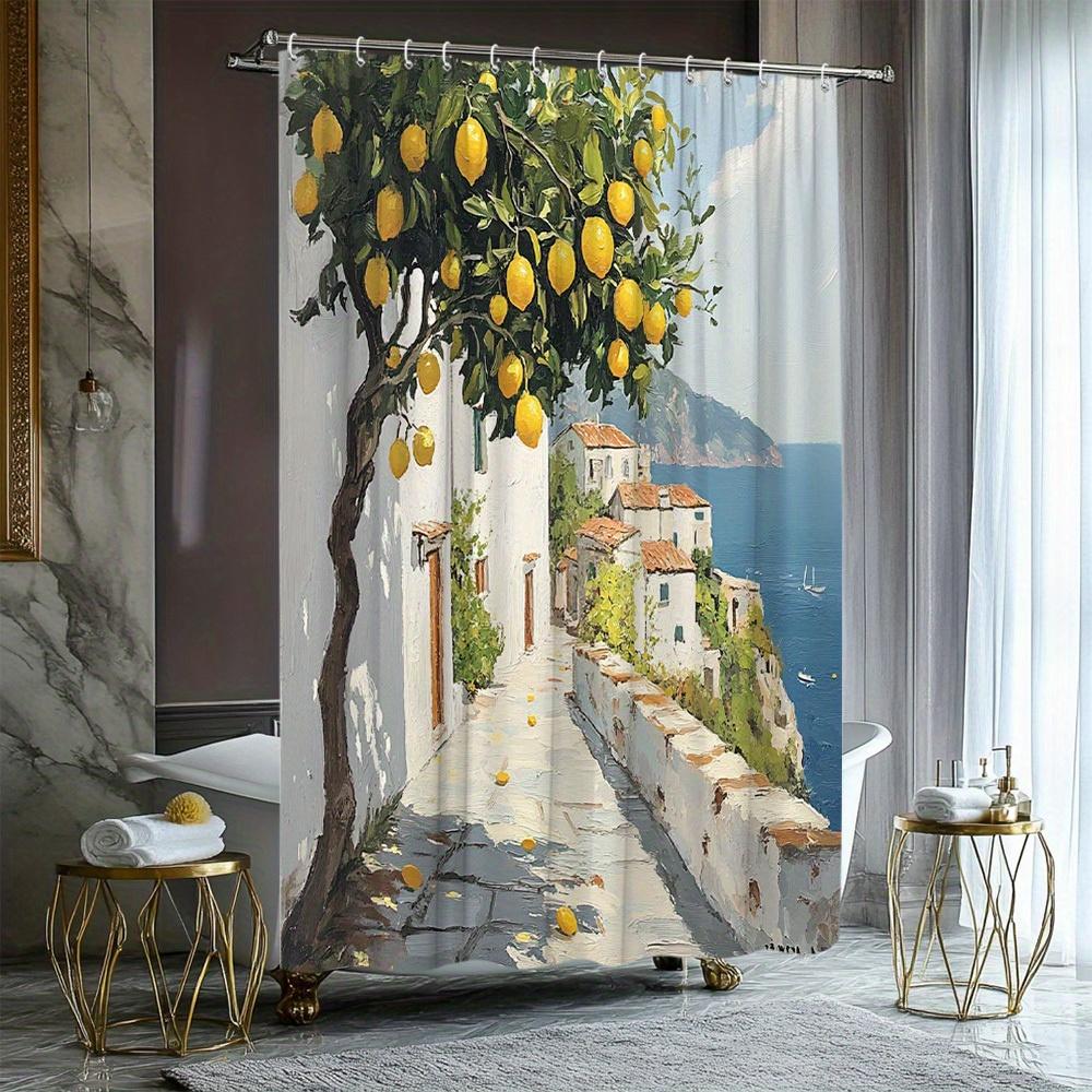 Waterproof Shower Curtain with a Vibrant Lemon Tree and Coastal Village Scene for a Mediterranean Inspired Bathroom Decor W90XH180cm
