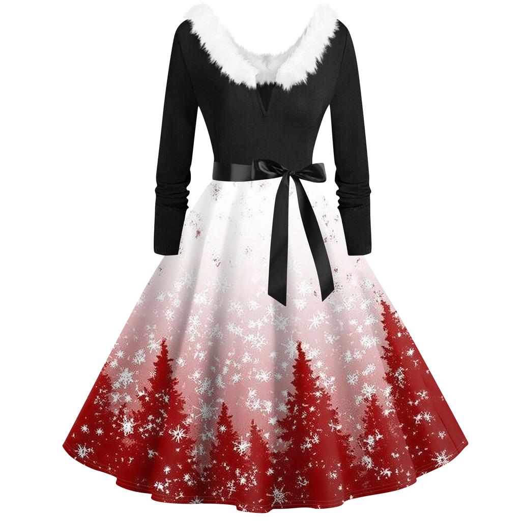 Women's Fashion V-Neck Casual Slim Christmas Printed Long Sleeve Hair Collar Dresses