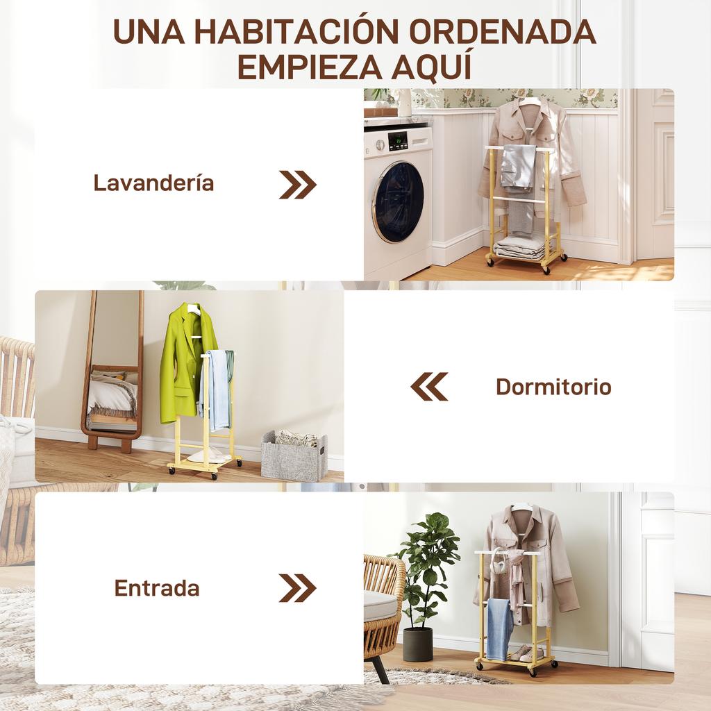 Bamboo Valet Stand with Wheels, Top Hanger, Trouser Bars and Shoe Shelf, Natural & White
