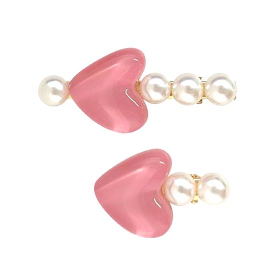 Hairpin Stable Non-Damaging Hair Clip with High-Gloss Imitation Pearls Pink Jelly Heart Design Princess Style Hair Accessory