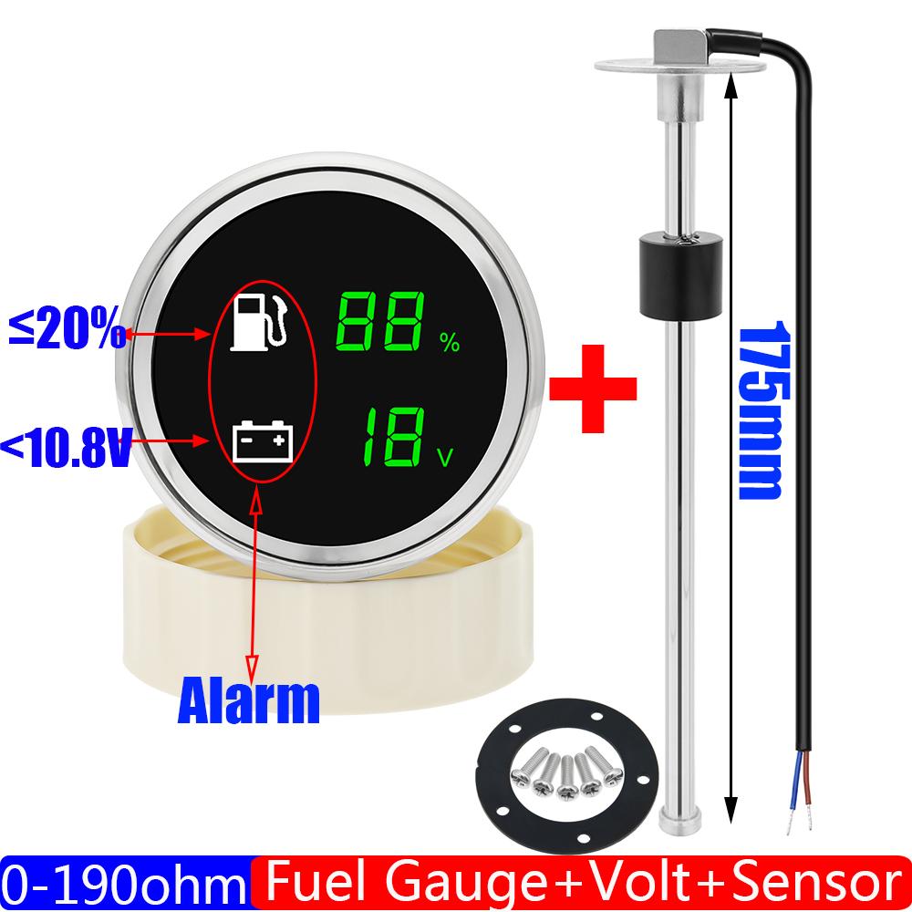 New 52mm Universal 2 in 1 Dual Gauge with Alarm LED Fuel Level Meter Voltmeter+Fuel Tank Level Sensor 0-190 Ohm Car Boat Custom