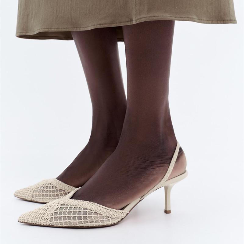 Fashion Mesh Woven Design Thin High Heels Women Sexy Pointed Toe Breathable Back Strap Heeled Sandals Elegant Beige Party Dress Shoes