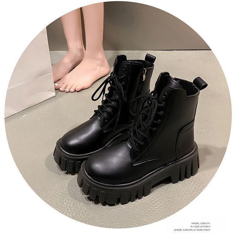 Matte Black Martin Boots Women's  Heightened Side Zipper Short Boots Martin Boots Women's Outer Wear European and American Style