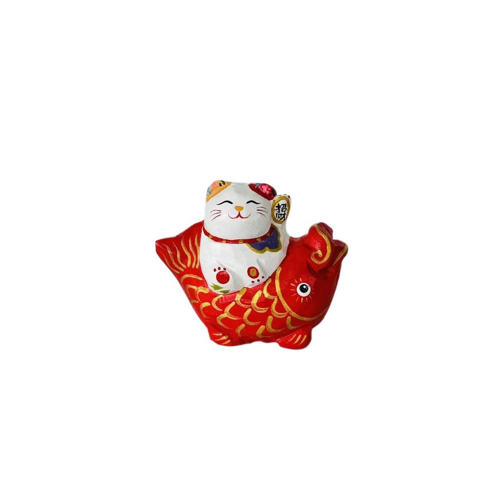 Wooden Maneki Neko Lucky Fish Ornament With Handcrafted Design For Office Decor And Giftgiving