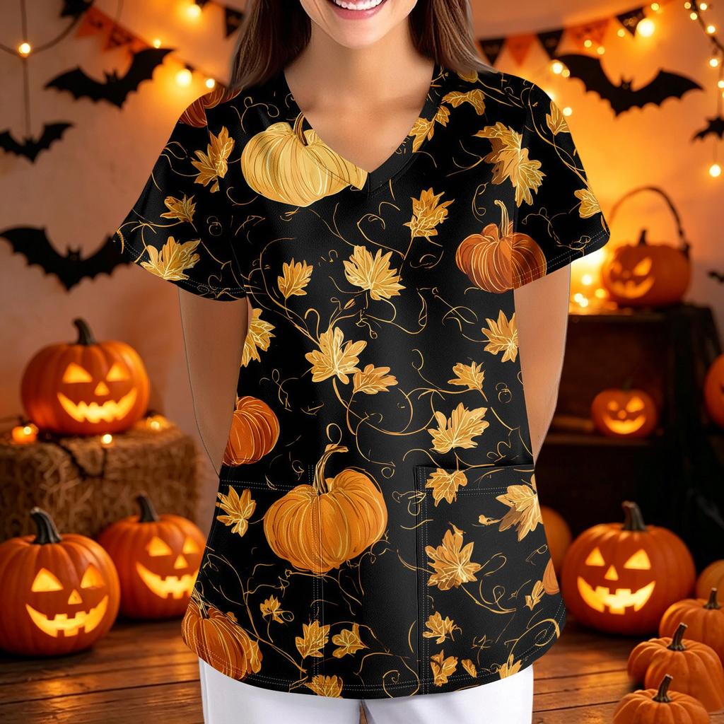 Women's Halloween Print Loose Fit V Neck Pocket Short Sleeve Medical Scrub Top Nurse Uniform Workwear