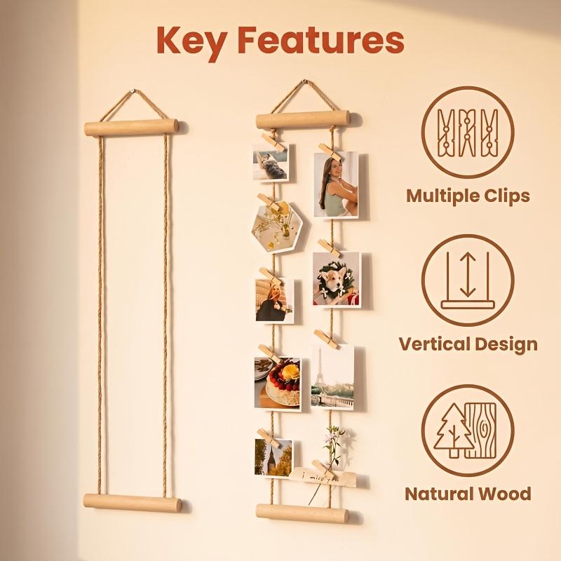 Wood Photo Hanging Rope with Wooden Clips Multi Picture Display Rack Wall Decor for Dorm Bedroom Desk DIY Photo Organizer