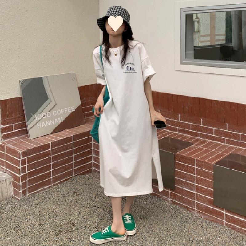 Fashion women s clothing summer new split knee dress simple letter T-shirt skirt M