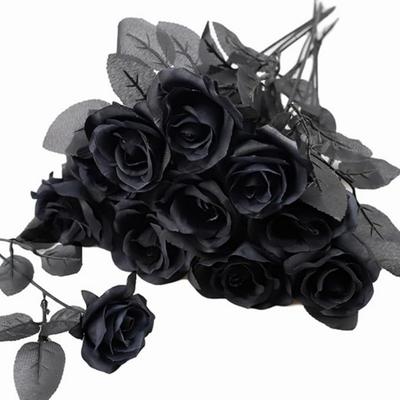 10pcs Faux Silk Flowers Black Roses Artificial Flowers with Stems Bridal Gothic Wedding Bouquet Realistic Blossom Flora for Home Office Decorations