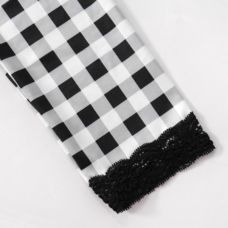 Women's  Lace Plaid Printed Sheath Dress Patchwork Shawl Two Piece Set