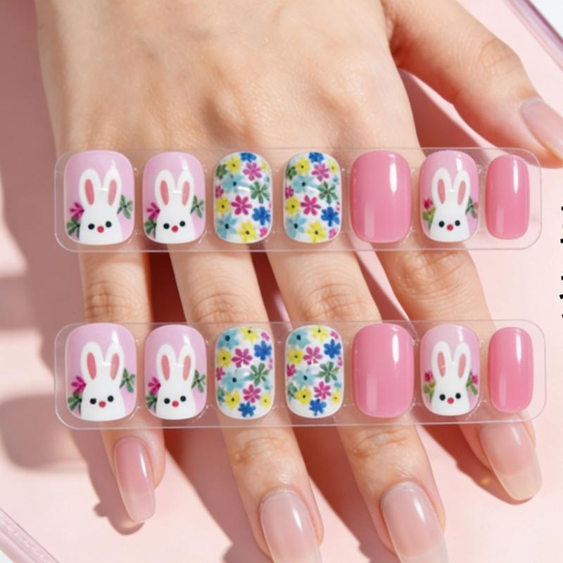 ABS Material Short Square Artificial Nail Featuring Rabbit Patterns And Floral Art For Festive Occasions
