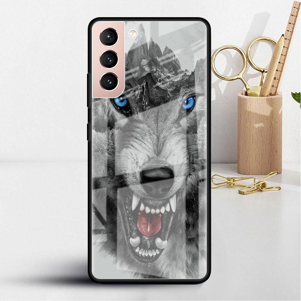 Glass Case For Samsung Galaxy S22 S20 FE S21 Plus Phone Cover S10 5G S9 Note 20 Ultra 10 Lite Shell Wolf Lion Animal