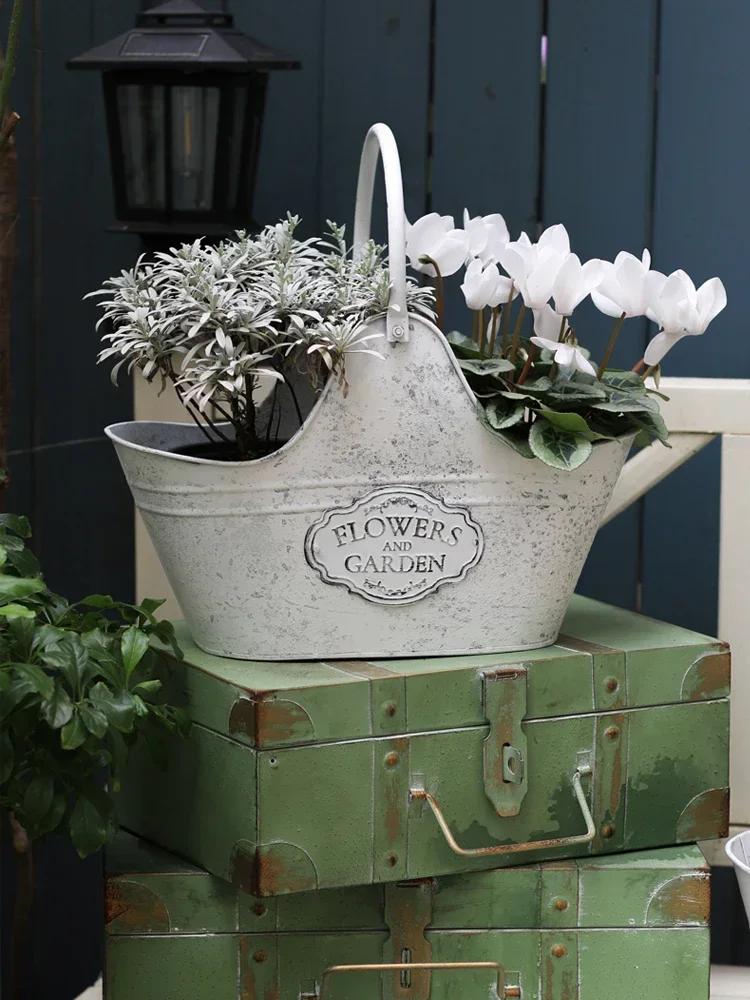 Metal Ironwork Flower Basket Home Furnishings Courtyard Tool Storage Hanging Basket Garden Balcony European Retro Style Decorate