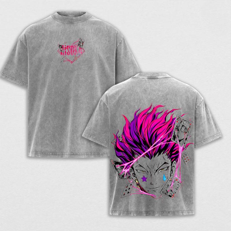 Manga Hunter x Hunter Hisoka Printed Tee Men Short Sleeve Clothing Washed Cotton T-shirt Vintage Casual T Shirt Harajuku Tshirt
