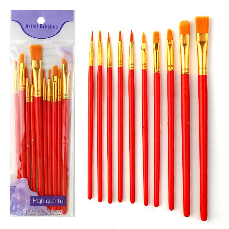 10-Piece Children's Paint Brush Set: Blue Handle Nylon Brushes for Acrylic, Watercolor, and Oil Painting